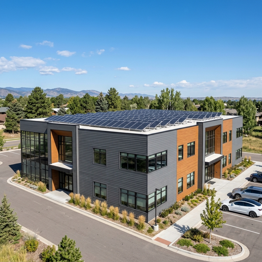 Modern building with siding and solar in Colorado